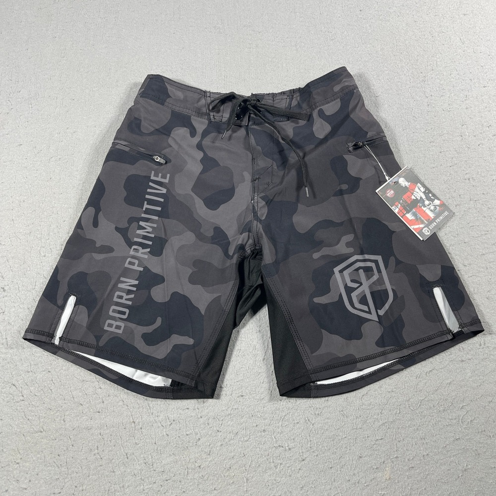 Born Primitive Training Shorts Men 27/28 Black Camo‎ Performance Stretch Zip